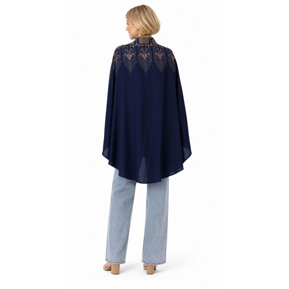 NEW Gigio M 8 10 Navy Blue Taupe Embroidered Eyelet Detail Rayon Cocoon Jacket - Picture 4 of 8